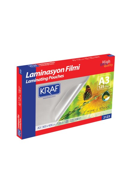 KRAF LAMİNASYON FİLMİ PARLAK A3 125 mic 100 lü 2123 - KRAF