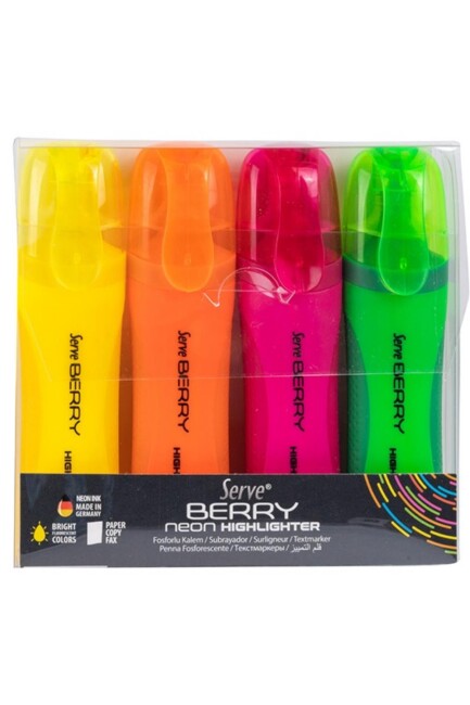 SERVE BERRY NEON FOSFORLU KALEM 4 Lü PET - SERVE