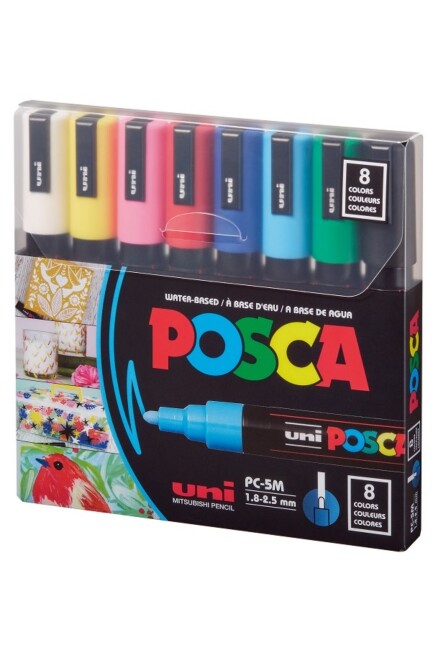 UNİ POSCA 8 Renk PC-5M SU BAZLI 1,8-2,5mm.POSTER MARKÖR ANA RENKLER - POSCA