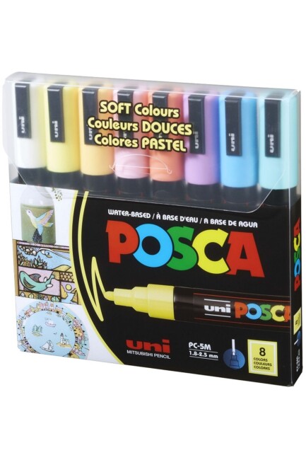 UNİ POSCA 8 Renk PC-5M SU BAZLI 1,8-2,5mm.POSTER MARKÖR SOFT RENKLER - POSCA